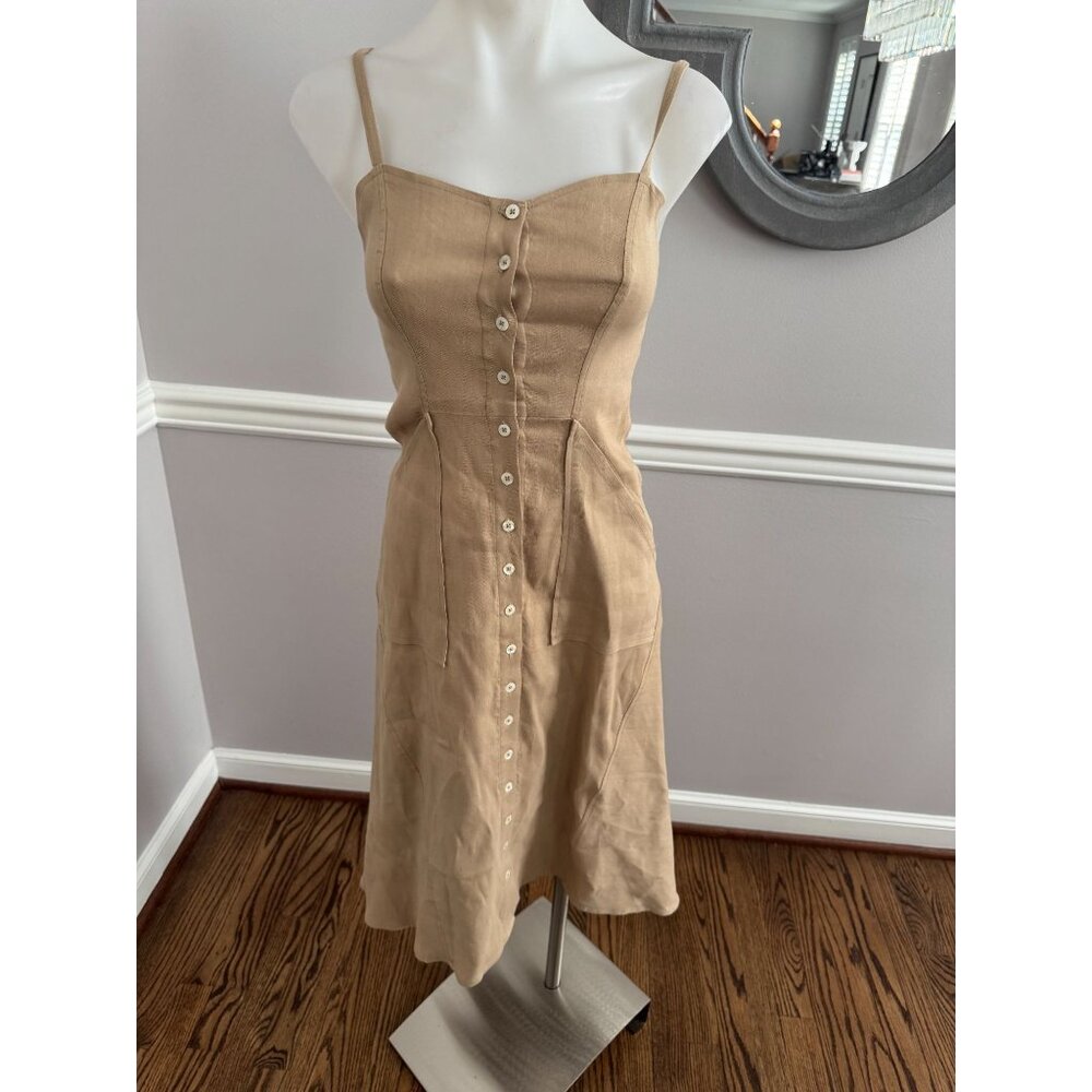 A.L.C. Linen Blend Button Front Midi Dress Beige … - image 1